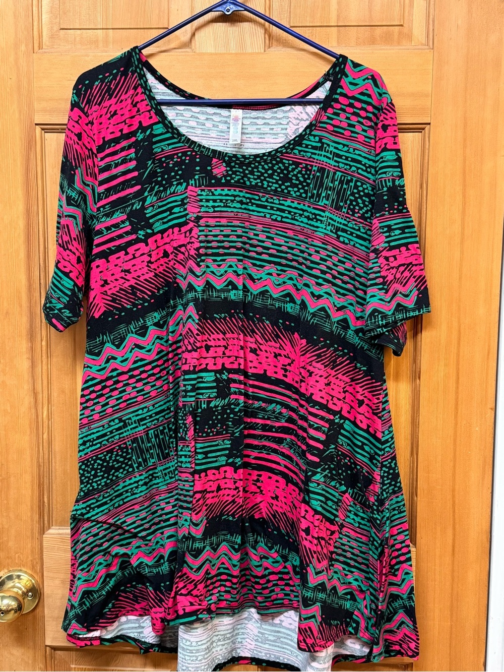 LuLaRoe Scoop-Neck Tunic - Black, Pink & Green Abstract Print